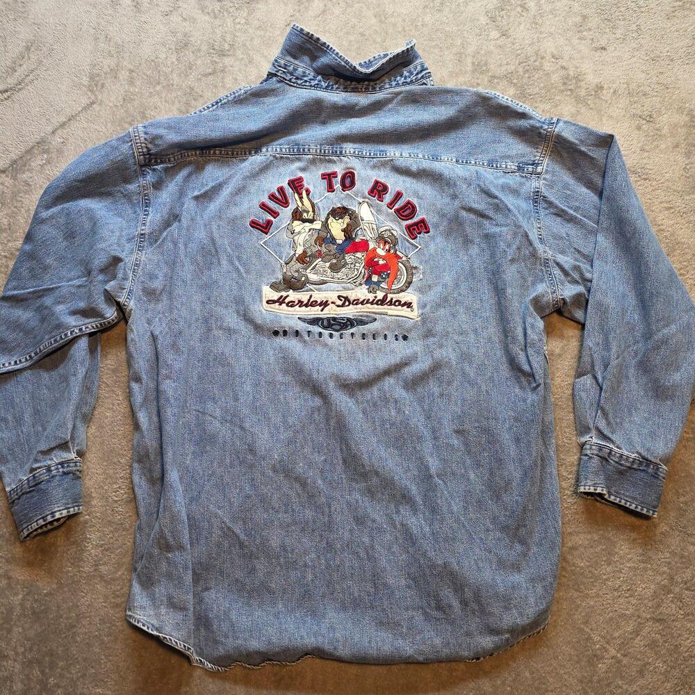 Harley-Davidson Vintage Button Up Shirt Mens 2XL Blue Denim Looney Tunes Taz
